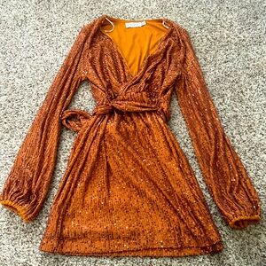 Petal & Pup Sequin Puff Sleeve Cocktail Dress in Burnt Orange